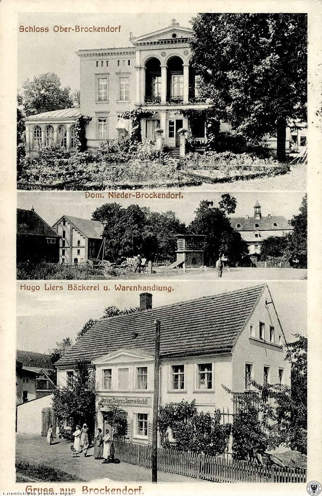 Pałac, dwór i piekarnia Hugo Liers – pocztówka «Gruss aus Brockendorf»